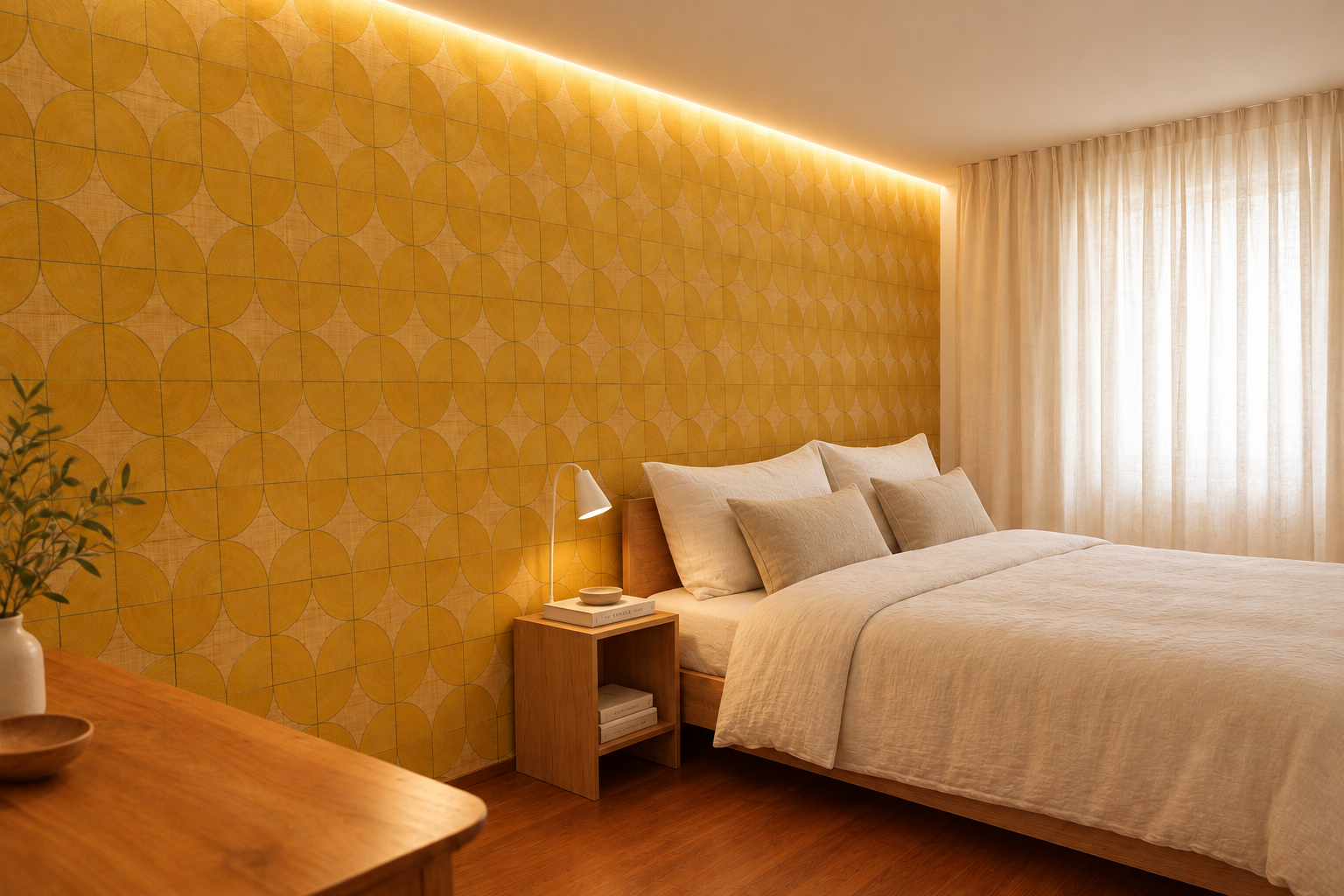 chambre parentale avec papier peint jaune